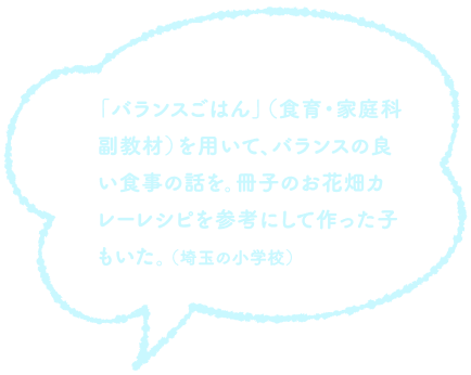 「バランスごはん」（食育・家庭科副教材）を用いて、バランスの良い食事の話を。冊子のお花畑カレーレシピを参考にして作った子もいた。（埼玉の小学校）