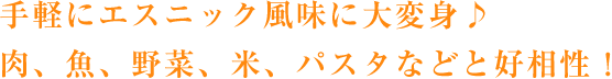 手軽にエスニック風味に大変身♪肉、魚、野菜、米、パスタなどと好相性！