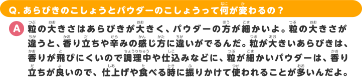 Q.あらびきのこしょうとパウダーのこしょうって何が変わるの？ A.粒の大きさはあらびきが大きく、パウダーの方が細かいよ。粒の大きさが違うと、香り立ちや辛みの感じ方に違いがでるんだ。粒が大きいあらびきは、香りが飛びにくいので調理中や仕込みなどに、粒が細かいパウダーは、香り立ちが良いので、仕上げや食べる時に振りかけて使われることが多いんだよ。