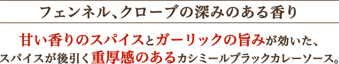 フェンネル、クローブの深みのある香り 甘い香りのスパイスとガーリックの旨みが効いた、スパイスが後引く重厚感のあるカシミールブラックカレーソース。