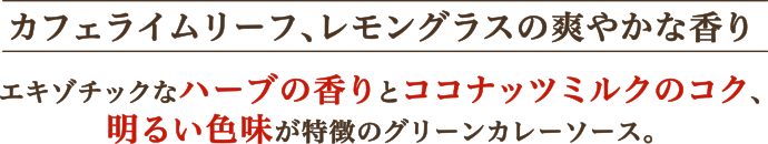 カフェライムリーフ、レモングラスの爽やかな香り エキゾチックなハーブの香りとココナッツミルクのコク、明るい色味が特徴のグリーンカレーソース。