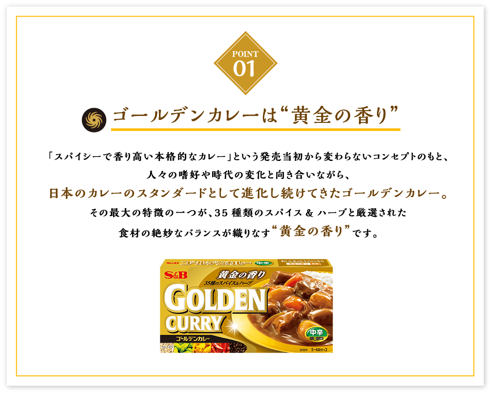 ゴールデンカレーは“黄金の香り”「スパイシーで香り高い本格的なカレー」という発売当初から変わらないコンセプトのもと、人々の嗜好や時代の変化と向き合いながら、日本のカレーのスタンダードとして進化し続けてきたゴールデンカレー。その最大の特徴の一つが、35種類のスパイス&ハーブと厳選された食材の絶妙なバランスが織りなす“黄金の香り”です。