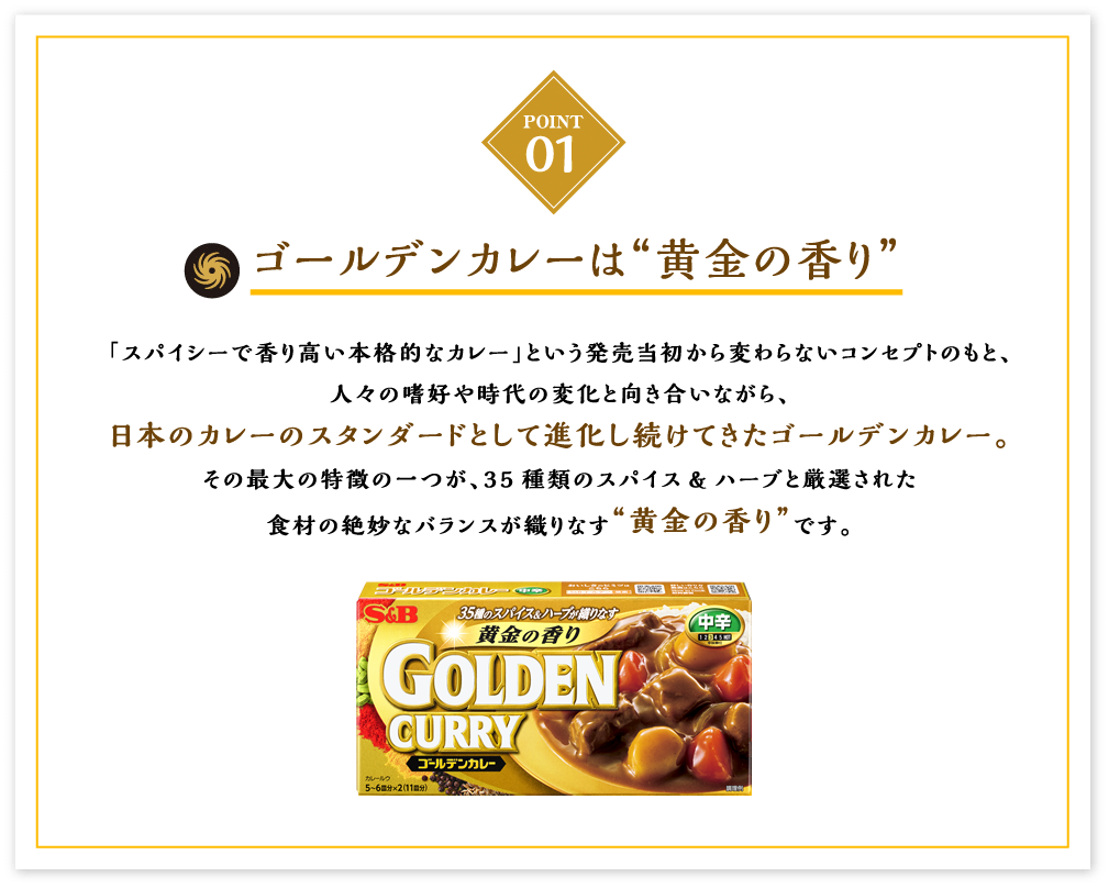 ゴールデンカレーは“黄金の香り”「スパイシーで香り高い本格的なカレー」という発売当初から変わらないコンセプトのもと、人々の嗜好や時代の変化と向き合いながら、日本のカレーのスタンダードとして進化し続けてきたゴールデンカレー。その最大の特徴の一つが、35種類のスパイス&ハーブと厳選された食材の絶妙なバランスが織りなす“黄金の香り”です。