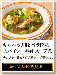 キャベツと豚バラ肉のスパイシー春雨スープ煮 ナンプラー香るアジア風スープ煮込み。 レシピを見る
