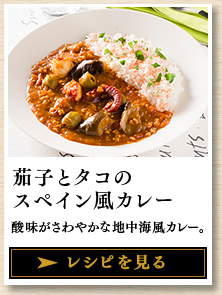 茄子とタコのスペイン風カレー 酸味がさわやかな地中海風カレー。 レシピを見る