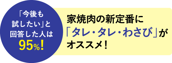 「今後も試したい」と回答した人は95%! 家焼肉の新定番に「タレ・タレ・わさび」がオススメ!