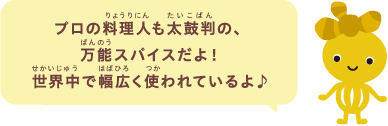 プロの料理人も太鼓判の、万能スパイスだよ！世界中で幅広く使われているよ♪