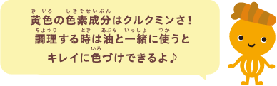 黄色の色素成分はクルクミンさ！調理する時は油と一緒に使うとキレイに色づけできるよ♪