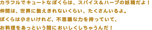 カラフルでキュートなぼくらは、スパイス＆ハーブの妖精だよ！