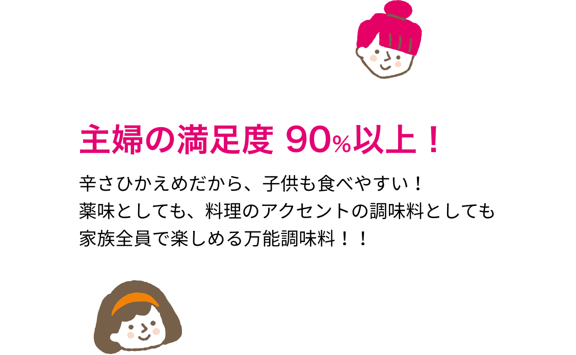 主婦の満足度 90％以上！辛さひかえめだから、子供も食べやすい！薬味としても、料理のアクセントの調味料としても家族全員で楽しめる万能調味料！！