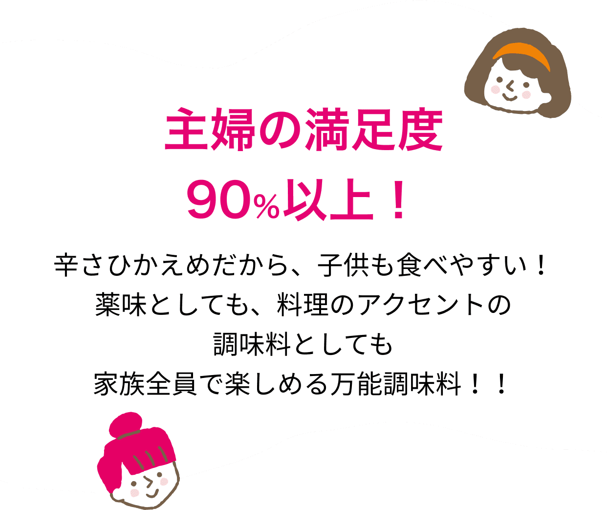 主婦の満足度 90％以上！辛さひかえめだから、子供も食べやすい！薬味としても、料理のアクセントの調味料としても家族全員で楽しめる万能調味料！！