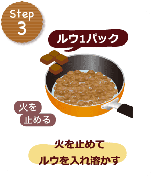 STEP3 ルウ1パック 火を止める 火を止めてルウを入れ溶かす