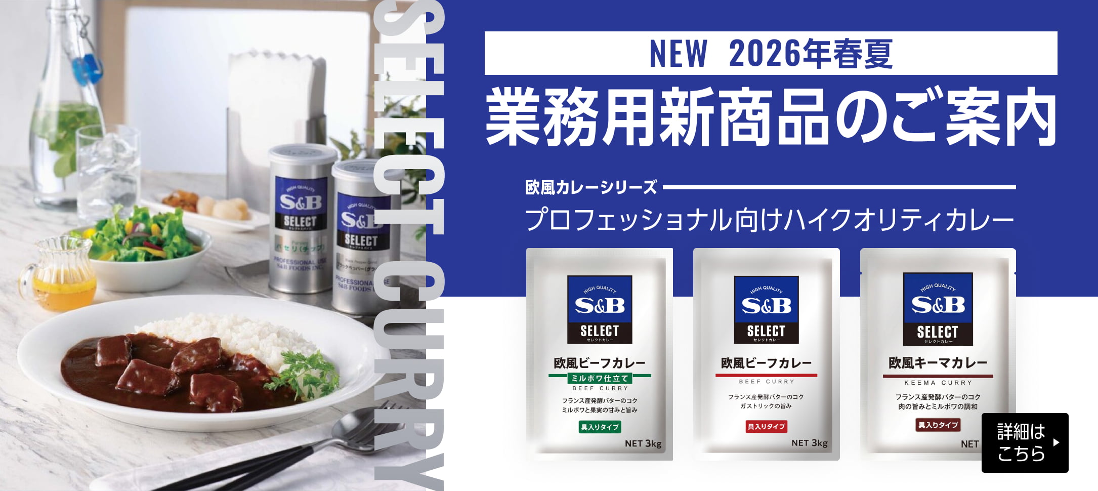 S&Bエスビー食品 2026年春夏業務用新商品のご案内。欧風カレーシリーズ プロフェッショナル向けハイクオリティカレー。欧風ビーフカレー（ミルポワ仕立て、具入りタイプ、3kg）、欧風キーマカレー（具入りタイプ）。詳細はこちら。