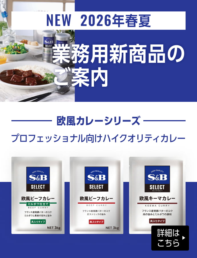 S&Bエスビー食品 2026年春夏業務用新商品のご案内。欧風カレーシリーズ プロフェッショナル向けハイクオリティカレー。欧風ビーフカレー（ミルポワ仕立て、具入りタイプ、3kg）、欧風キーマカレー（具入りタイプ）。詳細はこちら。