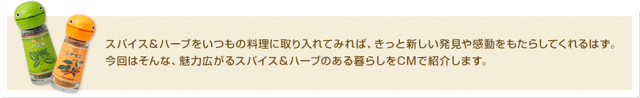 スパイス＆ハーブをいつもの料理に取り入れてみれば、きっと新しい発見や感動をもたらしてくれるはず。今回はそんな、魅力広がるスパイス＆ハーブのある暮らしをCMで紹介します。