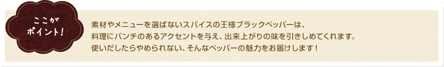 ここがポイント！　　素材やメニューを選ばないスパイスの王様ブラックペッパーは、料理にパンチのあるアクセントを与え、出来上がりの味を引きしめてくれます。使いだしたらやめられない、そんなペッパーの魅力をお届けします！