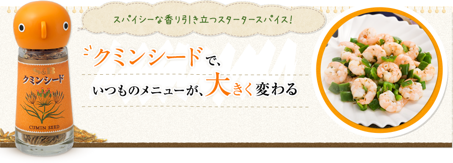 スパイシーな香り引き立つスタータースパイス！　クミンシードで、いつものメニューが、大きく変わる　S&Bクミンシード 12g／185円（税別）