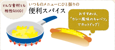 どんな食材とも相性GOOD！　いつものメニューにひと振りの便利スパイス　おすすめは、「カレー風味のキャベツ」でホットドッグ！