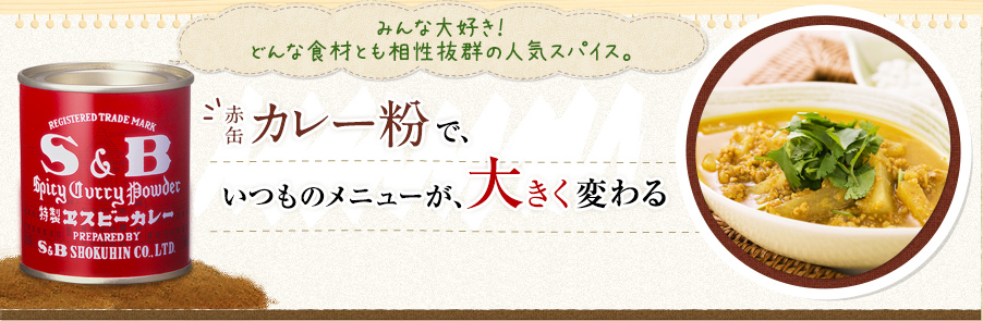 みんな大好き！どんな食材とも相性抜群の人気スパイス。　赤缶カレー粉で、いつものメニューが、大きく変わる　S&B赤缶カレー粉 37g／330円（税別）