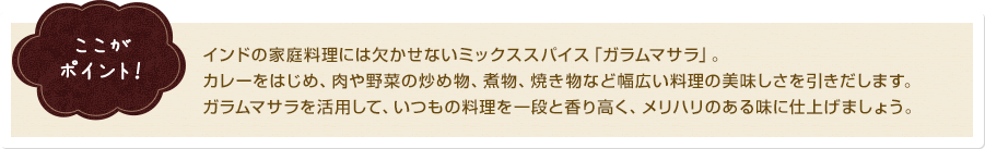 ここがポイント! インドの家庭料理には欠かせないミックススパイス「ガラムマサラ」。カレーをはじめ、肉や野菜の炒め物、煮物、焼き物など幅広い料理の美味しさを引きだします。ガラムマサラを活用して、いつもの料理を一段と香り高く、メリハリのある味に仕上げましょう。