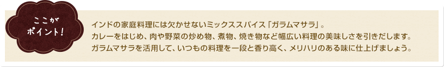 ここがポイント！ インドの家庭料理には欠かせないミックススパイス「ガラムマサラ」。カレーをはじめ、肉や野菜の炒め物、煮物、焼き物など幅広い料理の美味しさを引きだします。ガラムマサラを活用して、いつもの料理を一段と香り高く、メリハリのある味に仕上げましょう。