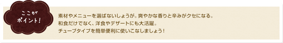 ここがポイント！ 素材やメニューを選ばないしょうが。爽やかな香りと辛みがクセになる。和食だけでなく、洋食やデザートにも大活躍。チューブタイプを簡単便利に使いこなしましょう！