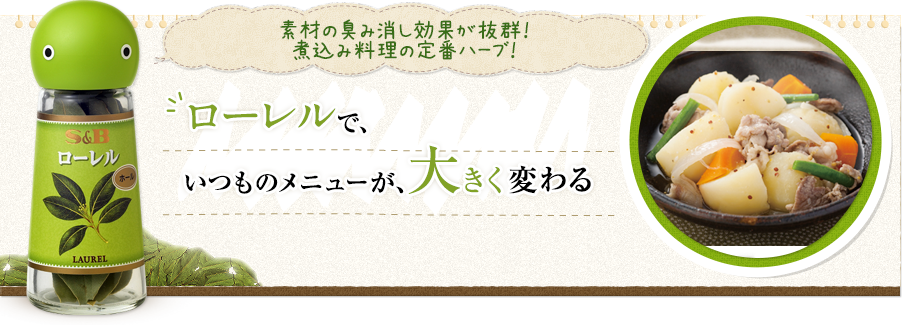 素材の臭み消し効果が抜群！煮込み料理の定番ハーブ！ローレルで、いつものメニューが、大きく変わる S&Bローレル（ホール） 3g ／265円 (税別）